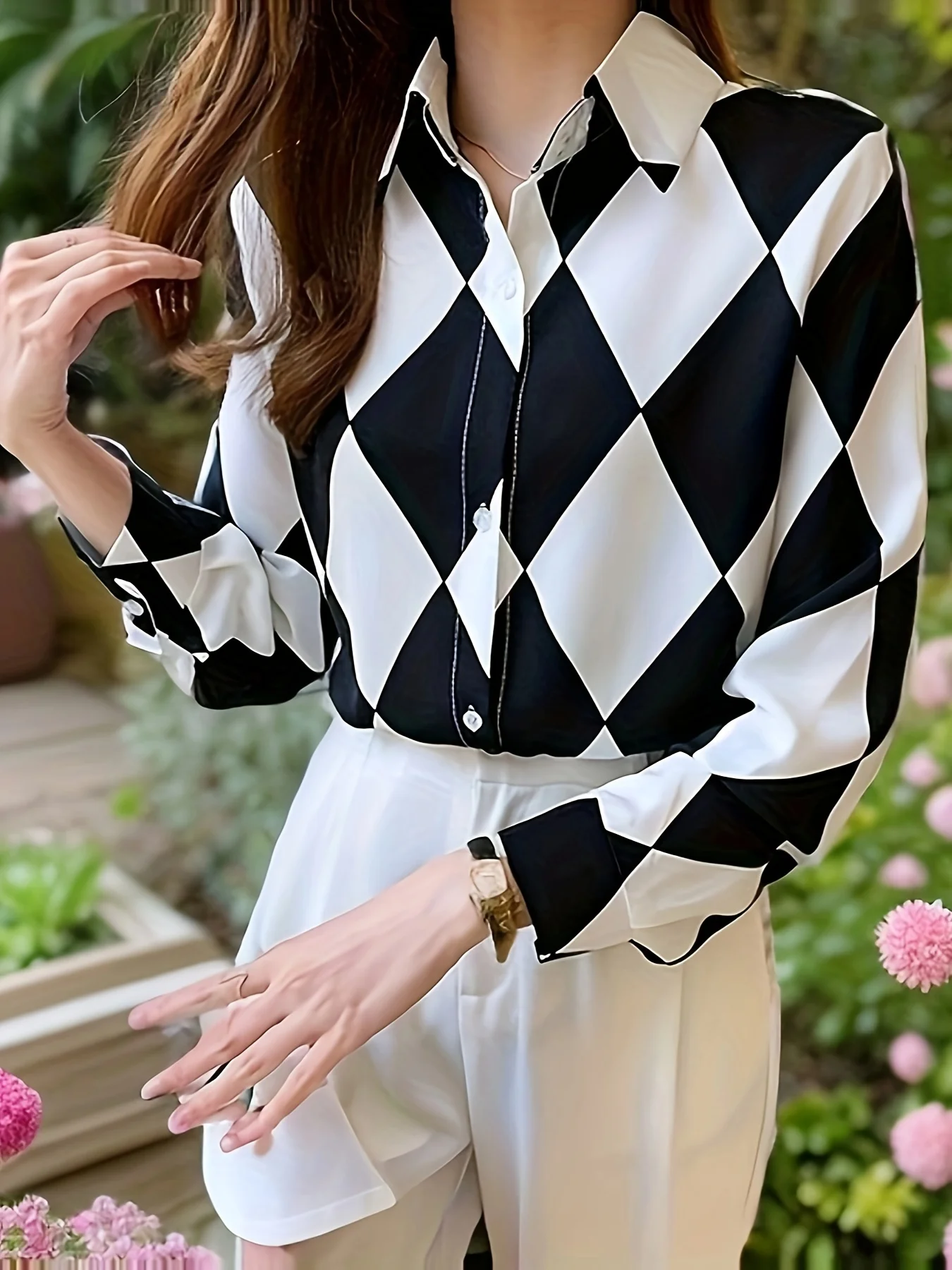 Diamond print button-front shirt, elegant color block long sleeve shirt, suitable for spring and autumn, women\'s clothing