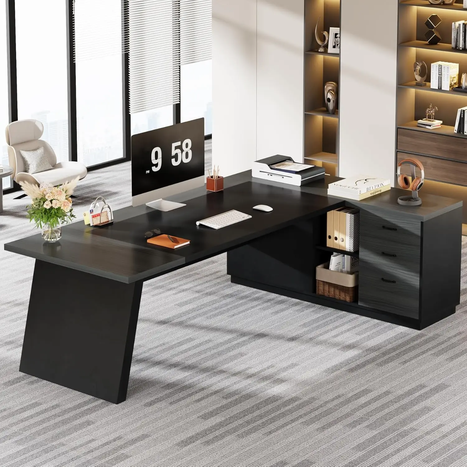 L-Shaped Executive Desk 78in Modern Office Desk with Drawers & File Cabinet Storage Shelves Home Office Furniture Customized - view 4