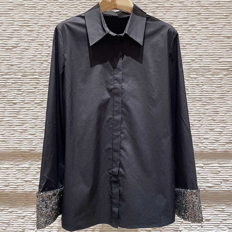 2025 Early Autumn New Sequin Lapel Long Sleeve Loose Comfort Shirts Male Handsome Solid Color Tops Trendy Breathable Chic Shirts