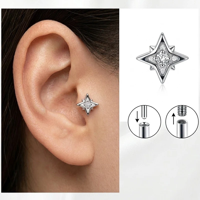 European Style Personality Four‑Pointed Star Piercing Stud Titanium Internal Thread Helix Earring Multi‑function Nose Jewelry