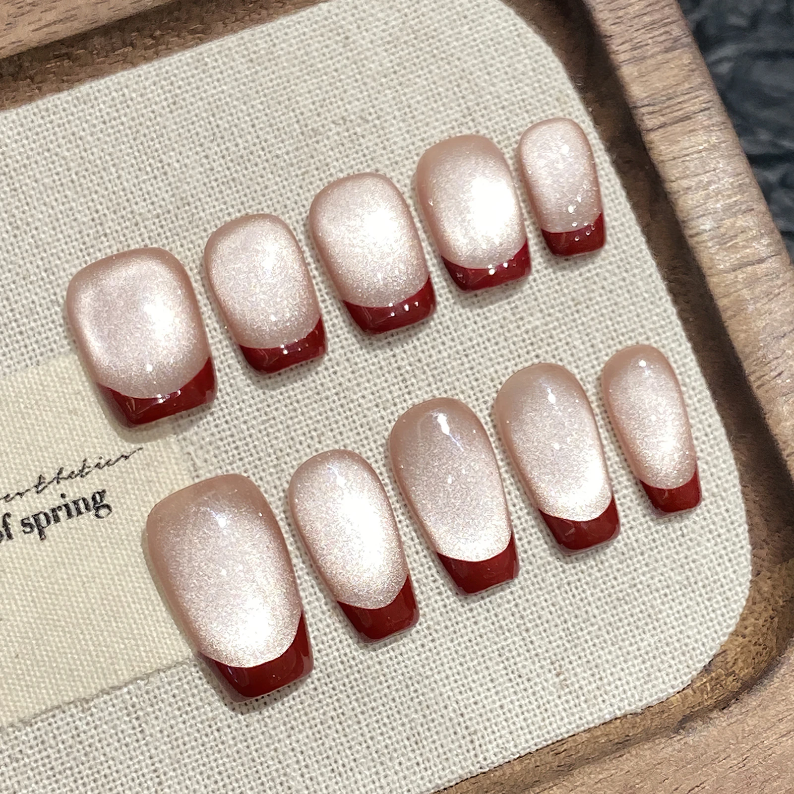 10pcs Press On Nails Retro Red Cat's Eye Simple Handmade Fake Nails Short Long Ballet Wearable Wine Red French False Nail Coffin