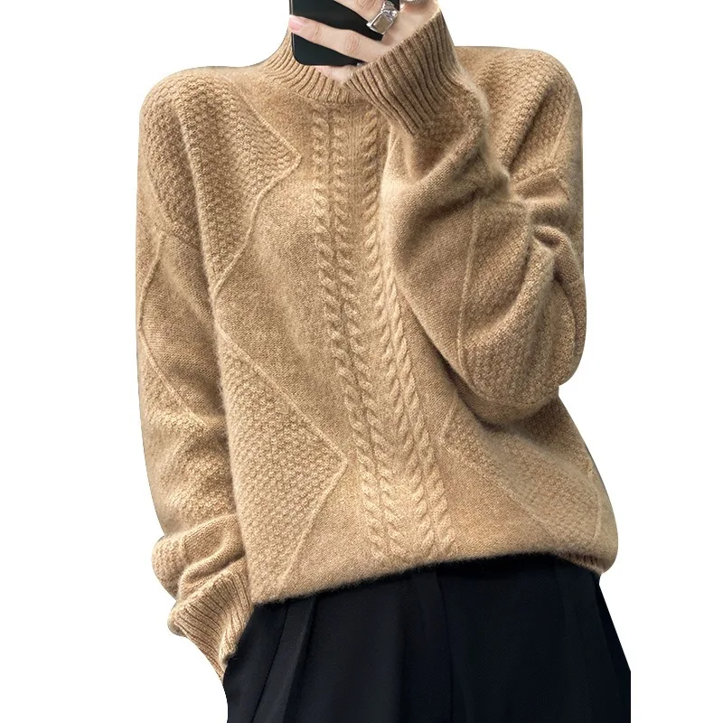 2023 Autumn Winter New Woolen Bottom Shirt Women Half Turtleneck Temperament Pullover Thick Sweater Loose Pure Wool Slim Shirt