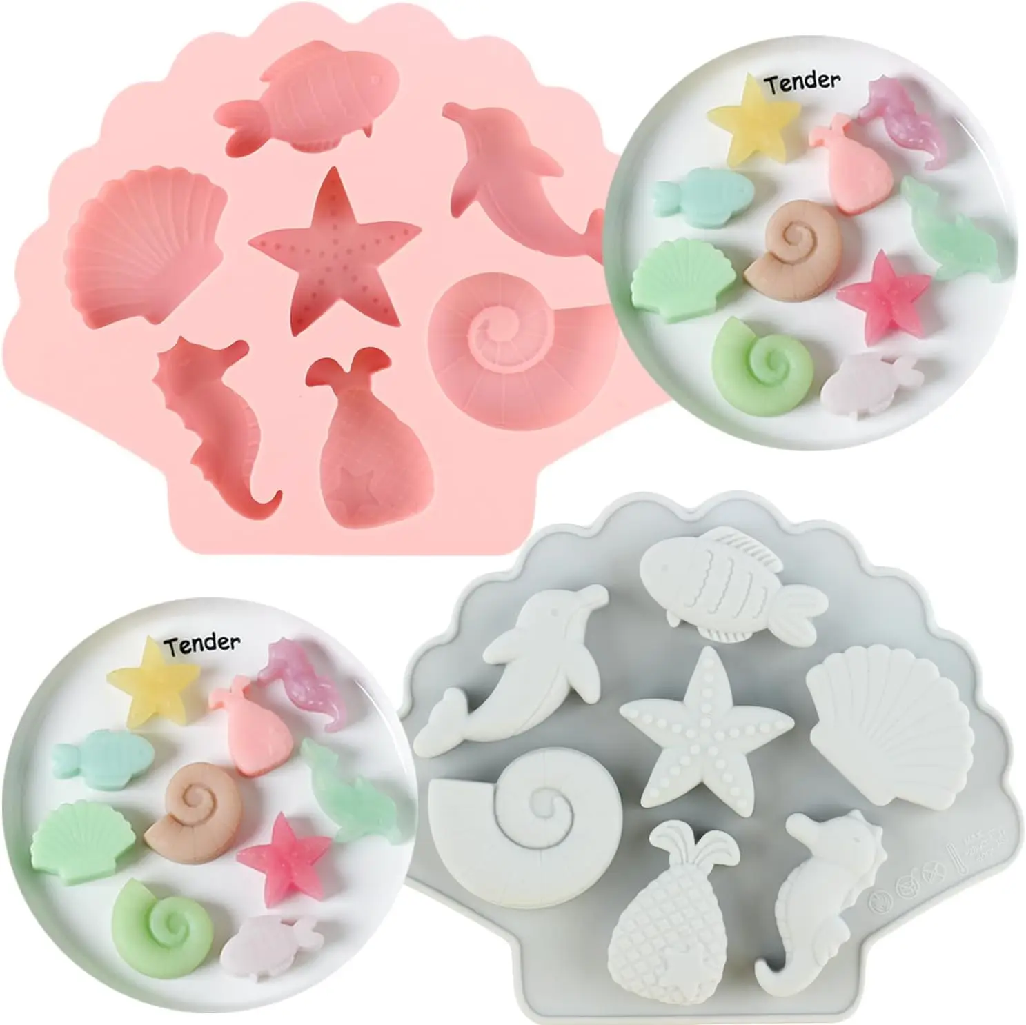 

Marine Theme Silicone Chocolate Molds Dolphin Fish Conch Starfish Sea Shell Seahorse Mermaid Tail Baking Mold for Cake Decor