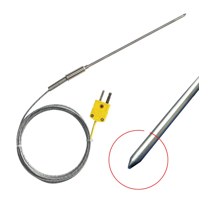 K-Type Thermocouple Sensor with High Temperature Stainless Steel Pointed Insertion Probe 500℃ with Stainless Steel Braided Cable