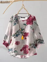 ZANZEA Women Round Neck Tops 2024 Autumn 3/4 Puff Sleeve Tees Vintage Ethnic Style T Shirt Holiday Floral Printed Smock Blouse