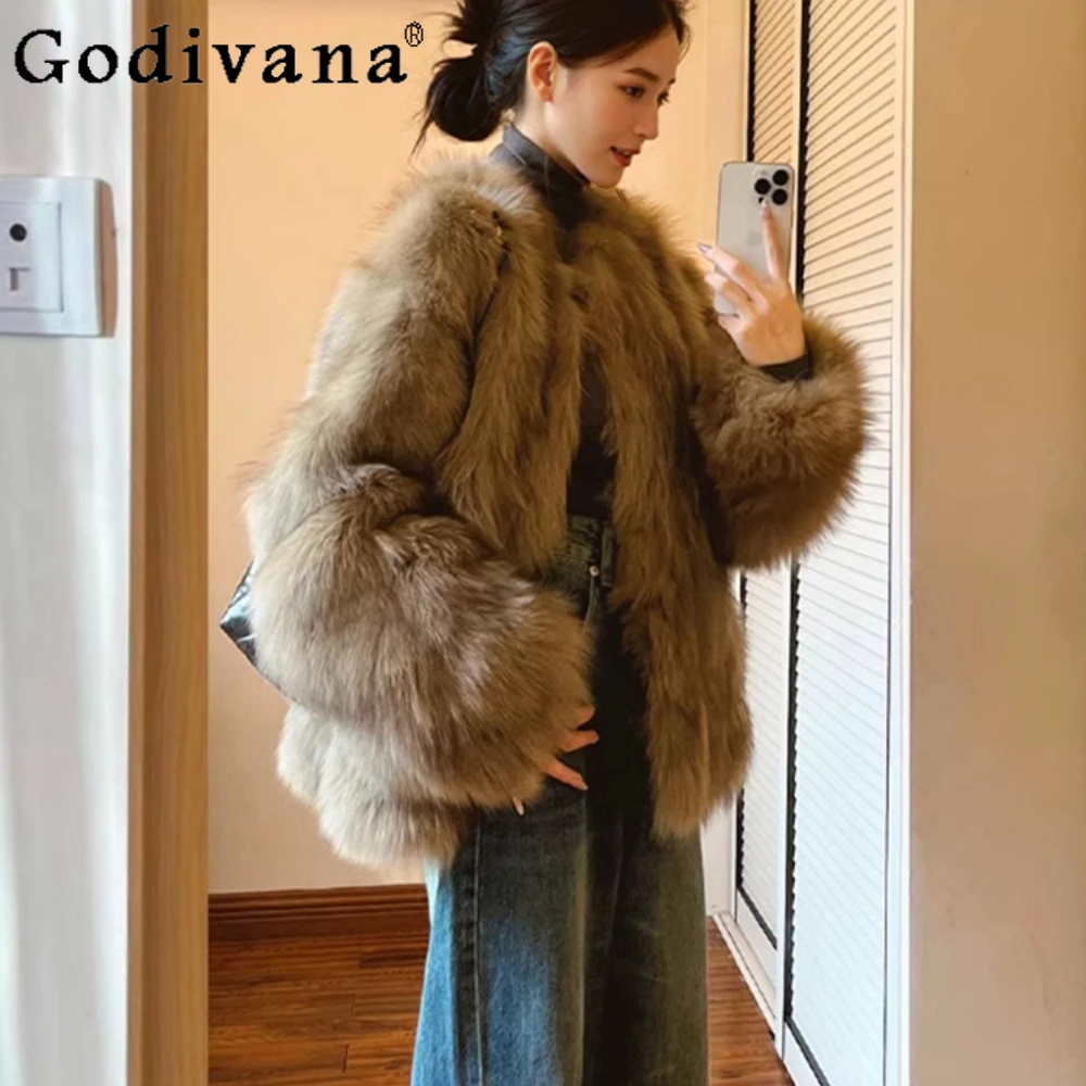 

Short Brown Imitation Fox Fur Environmentally Friendly Fur Fur Integrated Coat Women's Autumn and Winter New