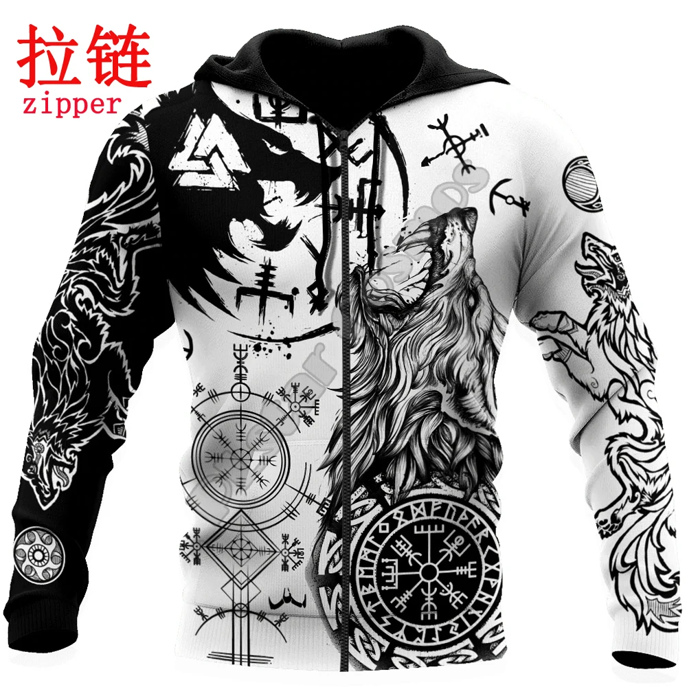 Sudadera con capucha y cremallera Fenrir Wolf Vegvisir 3D blanco/negro - imagen 4
