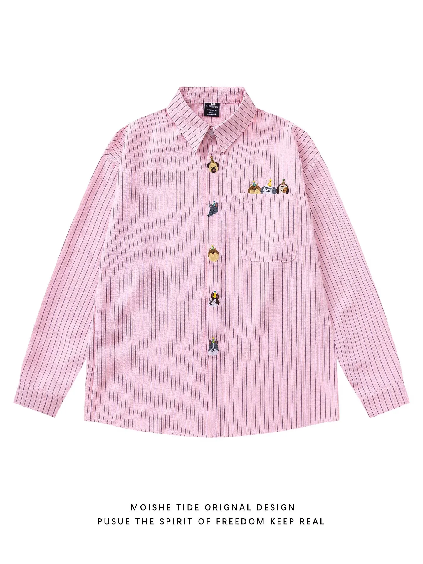 

Retro American Dog Embroidery Striped Long Sleeve Loose Men's Shirt Autumn Winter Versatile Outerwear Casual Fashion Polyester