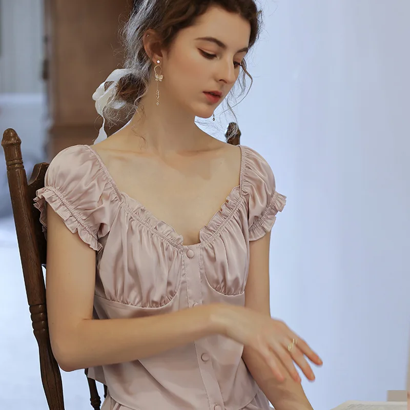 

Sexy Summer Ice Silk Loungewear Princess Sleepwear Nightwear Women Satin Ruffles Tops Shorts Two Piece Sets Sweet V Neck Pajamas