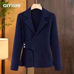 Fashion Vintage Women Long Sleeve Lapel Collar Blue Woolen Jacket Blazer Asymmetrical Design Slim Fit Spring Summer Short Coat