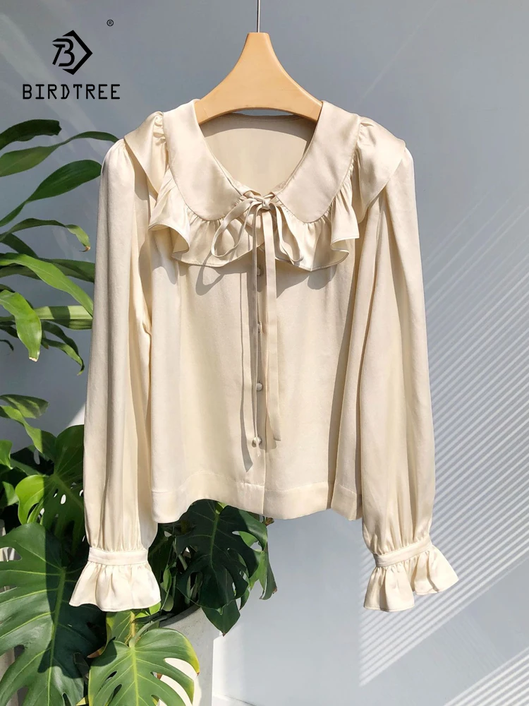 

BirdTree-20 MM 100% Silk Elegant Shirt, Peter Pan Collar Lace-up Solid, Women French Temperament Blouse, 2025 Autumn T59490CC