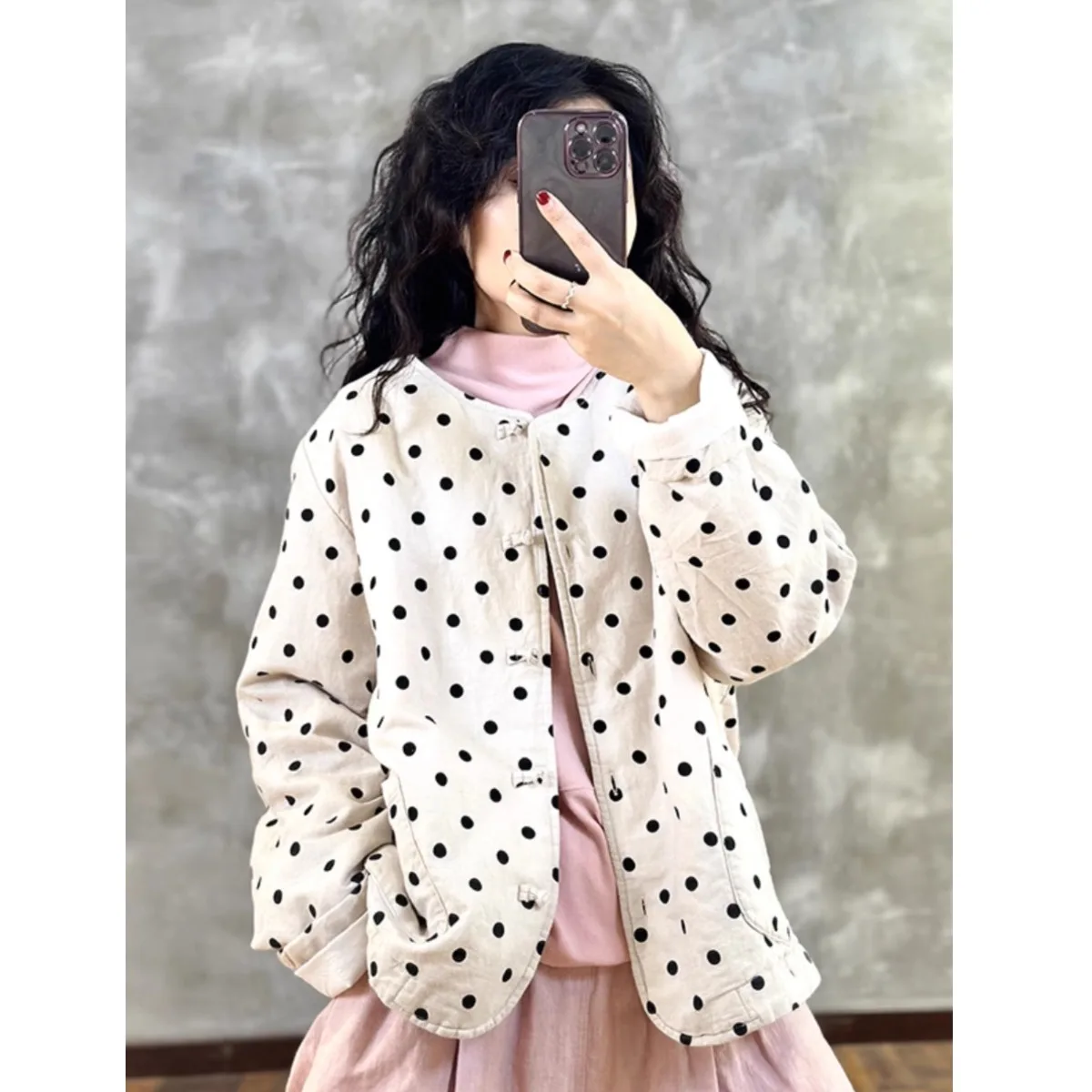 

New Winter round Neck Cotton Linen Artistic Small Polka Dot Versatile Cotton Jacket Short Top Open Cardigan Good Quality