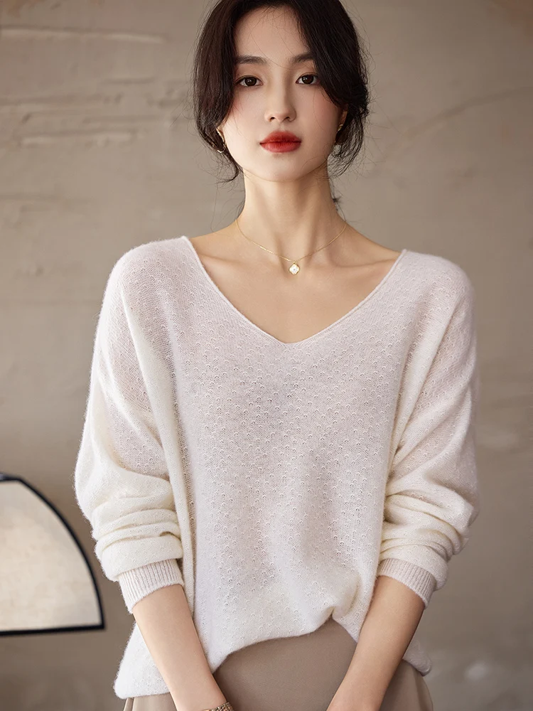 Maglione da donna con scollo a V Pullover 2025 100% lana merino lavorata a maglia a maniche lunghe Top Primavera Autunno Nuovo sciolto morbido tinta unita Nozioni di base