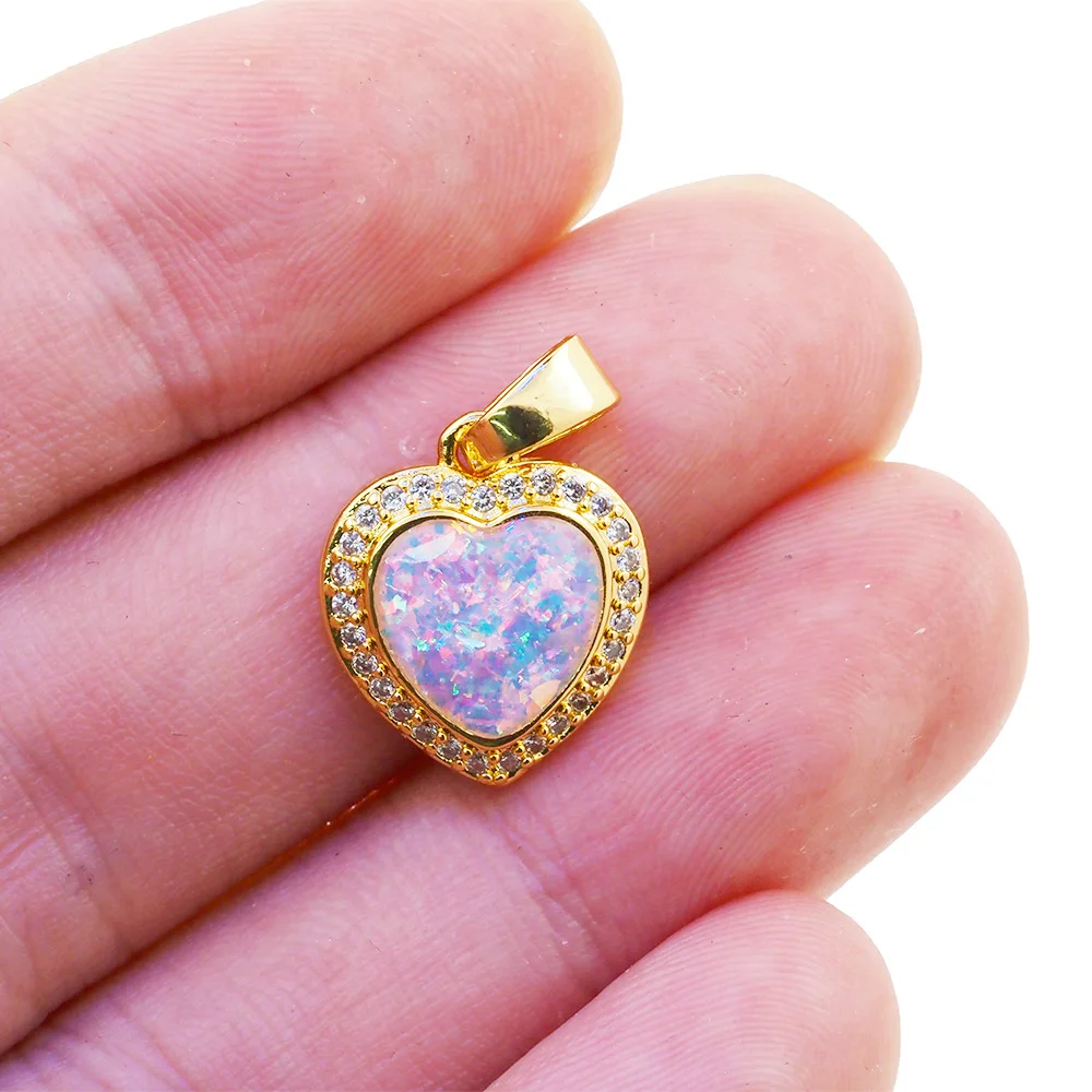 Luxury Heart Natural Opal Pendant CZ Gold Plated Necklace Accessories Gemstone For Women DIY Love Couple Jewelry Making Findings