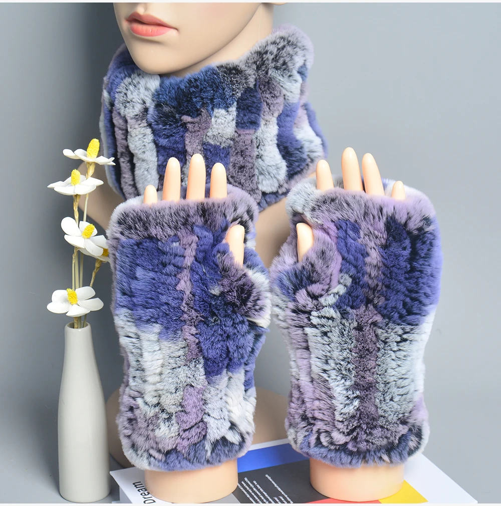 One Set Women Real Rex Rabbit Fur Cuff+Headband Winter Warmer Hat Arm Wrist Sleeve Gloves Female Real Fur Cap+Elastic Wristband