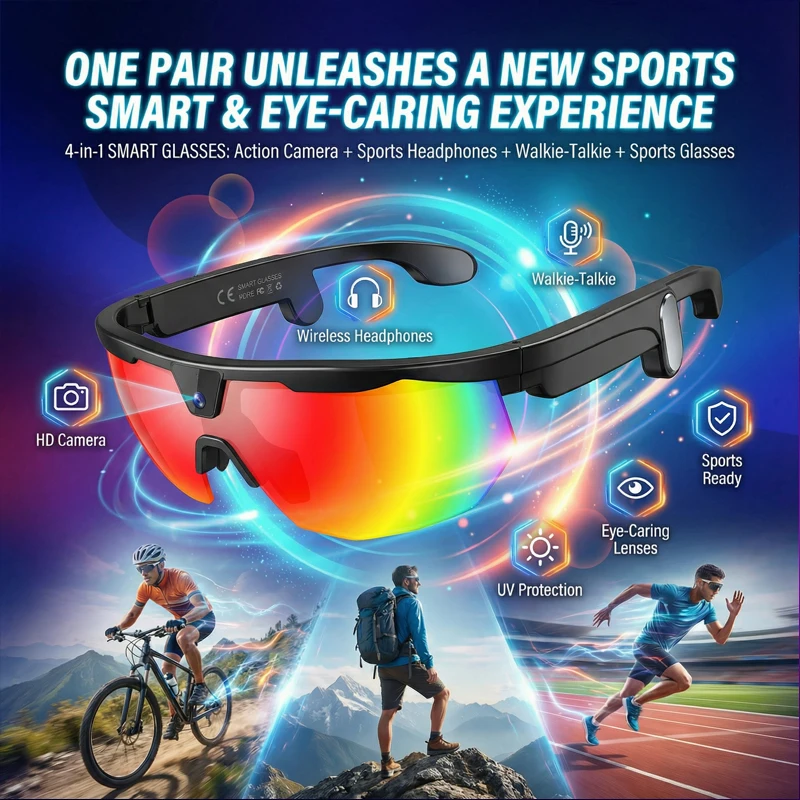 AI Sports Smart Glasses With Camera Headphones Outdoor Riding Windproof Goggle Bluetooth Touch Control Translation Sunglasses