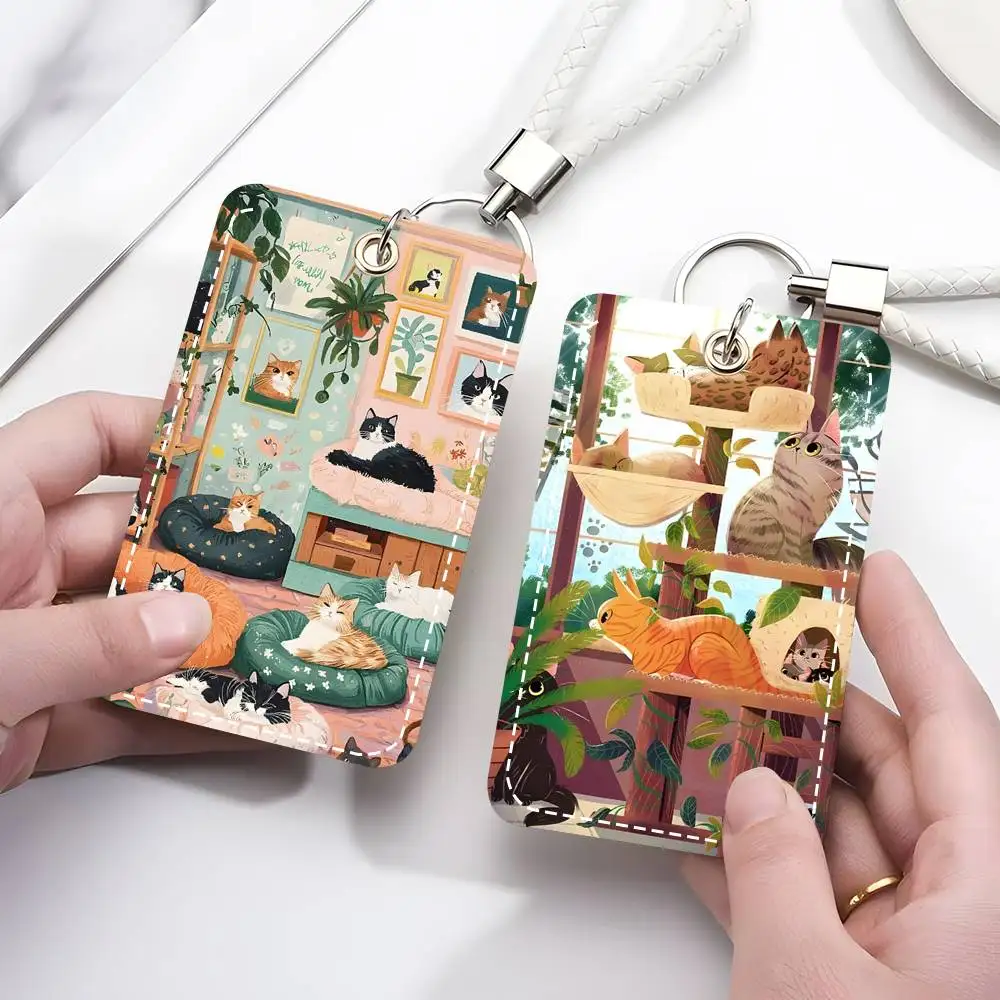 

1pc With Botanical Plants Card Case Keychain Access Card Bag Key Tag Ring Leather Card Holder Key Ring Access
