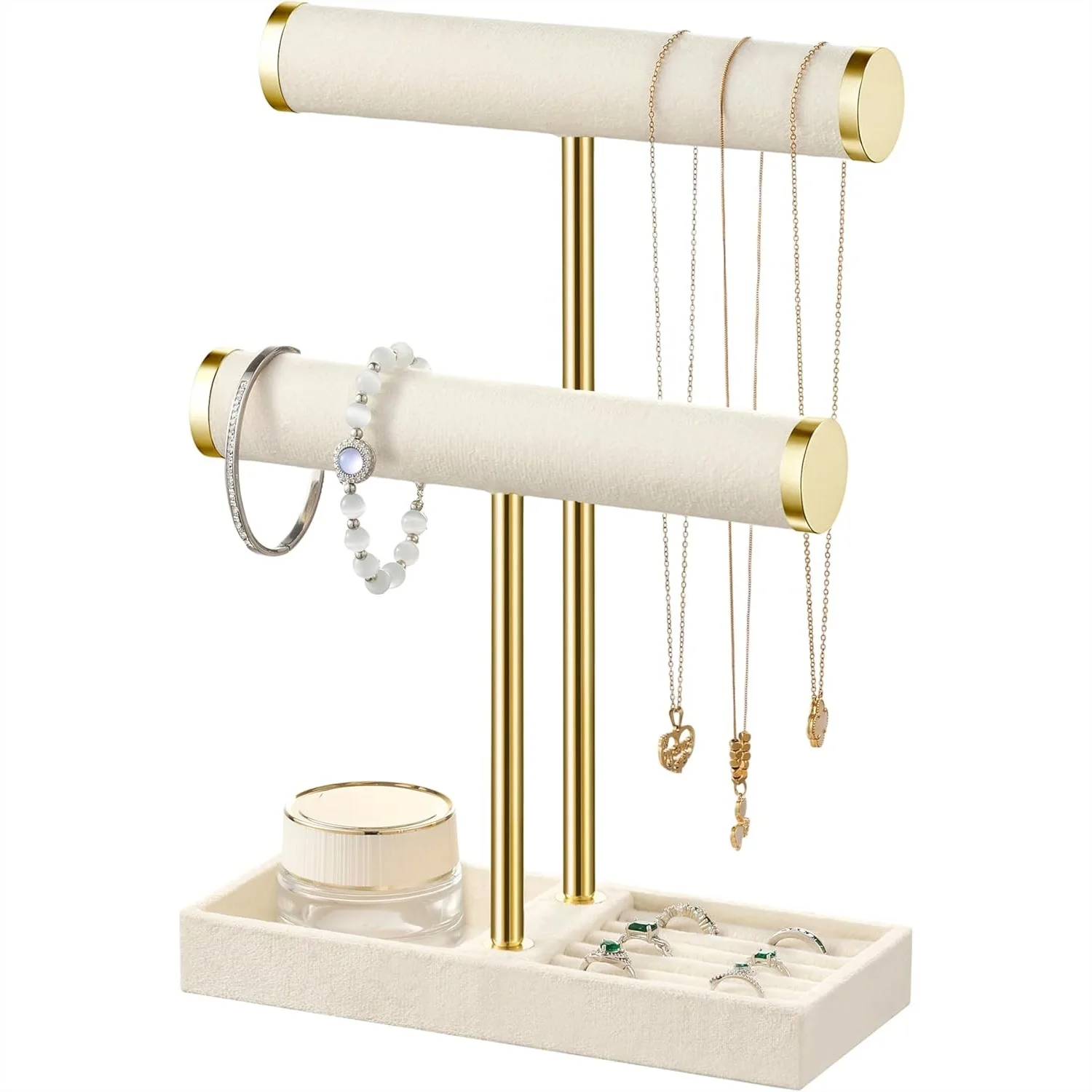 2 Tier Bracelet Holder Display - Detachable T Bar Beige Velvet Jewelry Organizer for Bracelets, Necklaces, Earrings