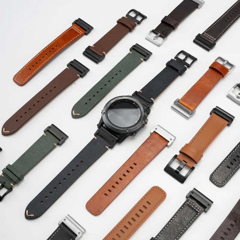 Quickfit Genuine Leather Watch Band 20mm 22mm 26mm Watch Strap for Garmin Watch Fenix 5 6 6S 7 Pro 7S 7X 8 AMOLED 43 47 51Enduro view 6