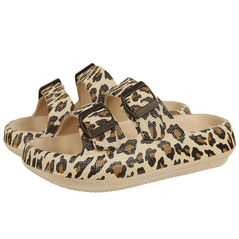 Leopard Thick Platform Cloud Slippers for Women Double Buckle Soft Sole Pillow Slides Sandals Woman Summer Non Slip Flip Flops