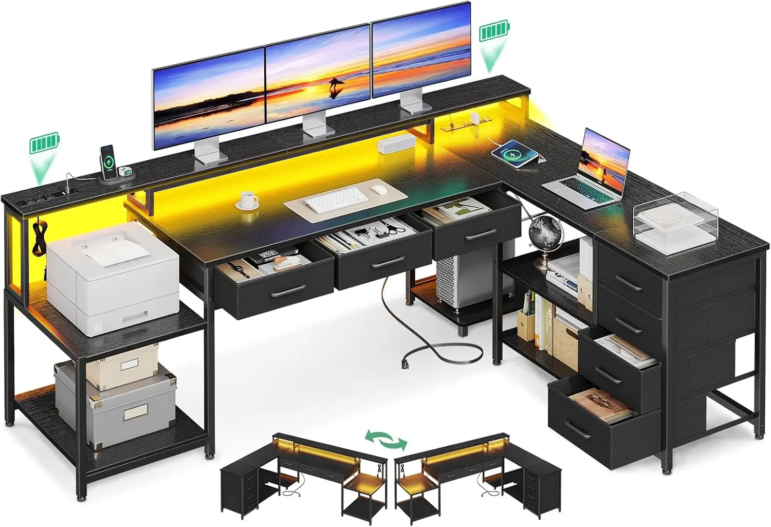 L-shaped computer desk with 2 power sockets and display stand, home office desk with storage rack