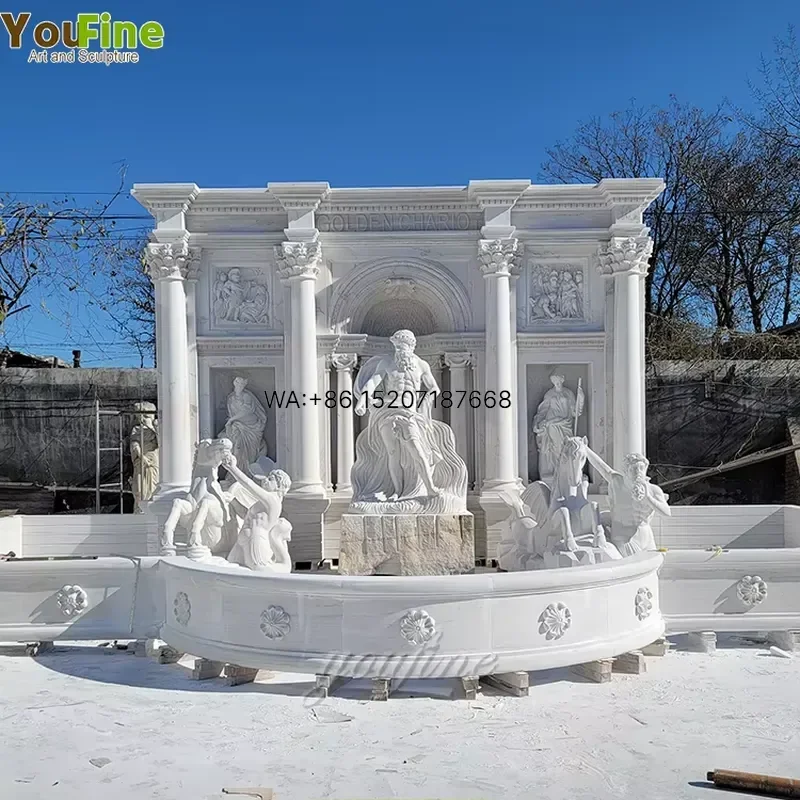 Wmwmnu for YouFine Large White Marble Fountain Classical Roman Trevi Style Outdoor Garden Water Feature Neptune Sculpture