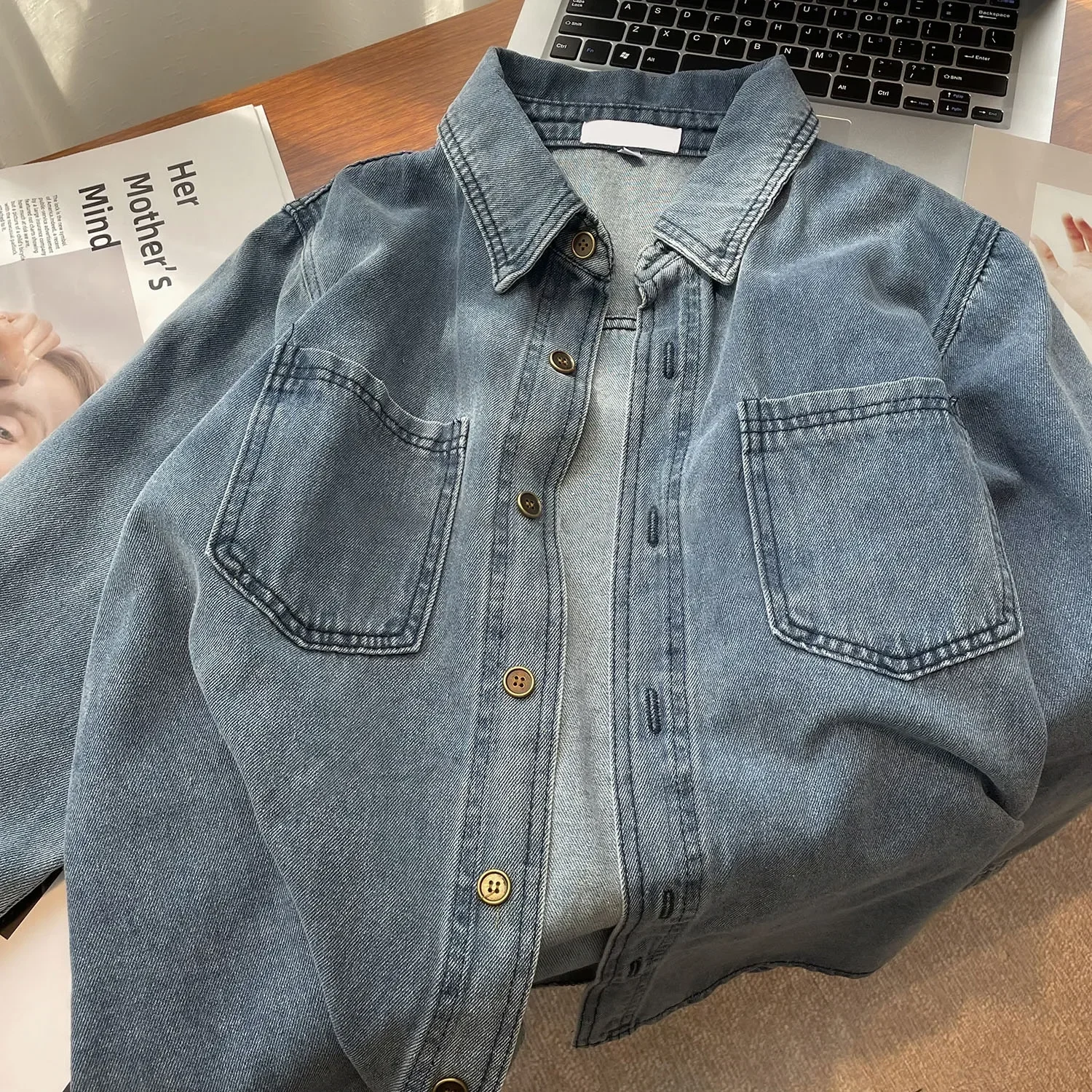 Vintage Turn Down Collar Blue Denim Shirt Spring Autumn Long Sleeve Single Breasted Loose Women Blouse Female Versatile Tops