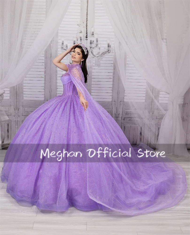 Purple Off The Shoulder Pleat Quinceanera Dress Ball Gown Bead 2024 Birthday Luxury Dress Bow Princess Gown With Detachable Cape