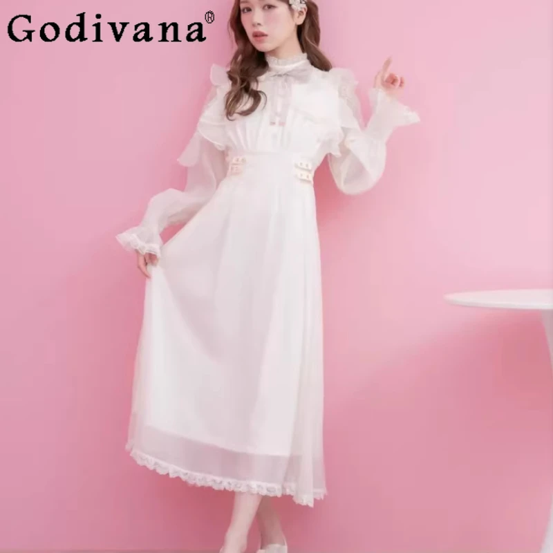 

Платье большого размера в японском стиле с кружевными вставками и бантом, из тюля, с длинными рукавами, для милых девушек, с завышенной талией, А-силуэт, универсальное, омолаживающее