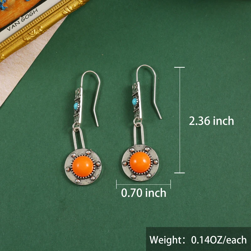 Bohemian Coral Color Stone Earrings Vintage Metal Carved Pattern Handmade Drop Earrings for Women Engagement Party Jewelry