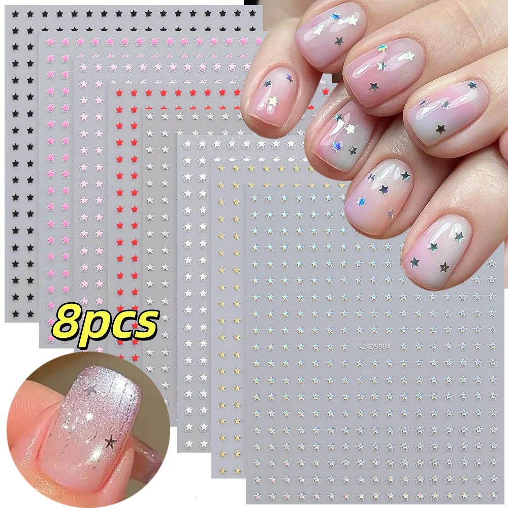 8pcs/Set Black White Silver Mini Star Nail Art Stickers Y2K Rock Punk Mirror Five-Pointed Star Sliders French Tip Nails Supplies