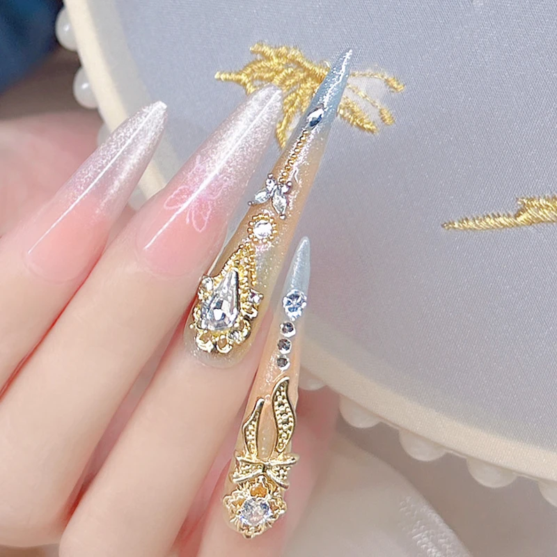 14 pièces (4 longs + 10 courts) ensemble d'ongles Littini en diamant 3D de luxe fait à la main brillant pour les Occasions (mieux que) Kits populaires