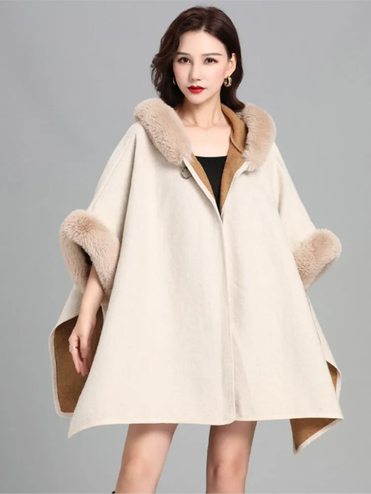 Elegant 2024 Winter Spring Rex Rabbit Fur Collar Knitted Poncho Cape Shawl Woolen Oversized Loose Women's Coat