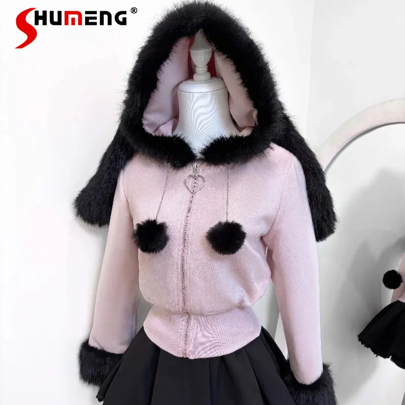 

New Autumn Winter Japanese Y2k Rabbit Ear Suede Padded Warm Thick Fur Collar Short Coat Japanese Cute Sweet Zipper Hooded Jacket
