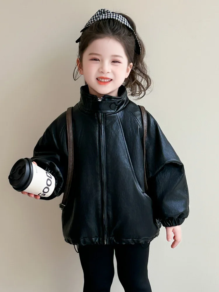 

Children's Autumn Winter New Style2025Jacket with Fleece and Thickened Little Girls, Korean Style Leather Jack
