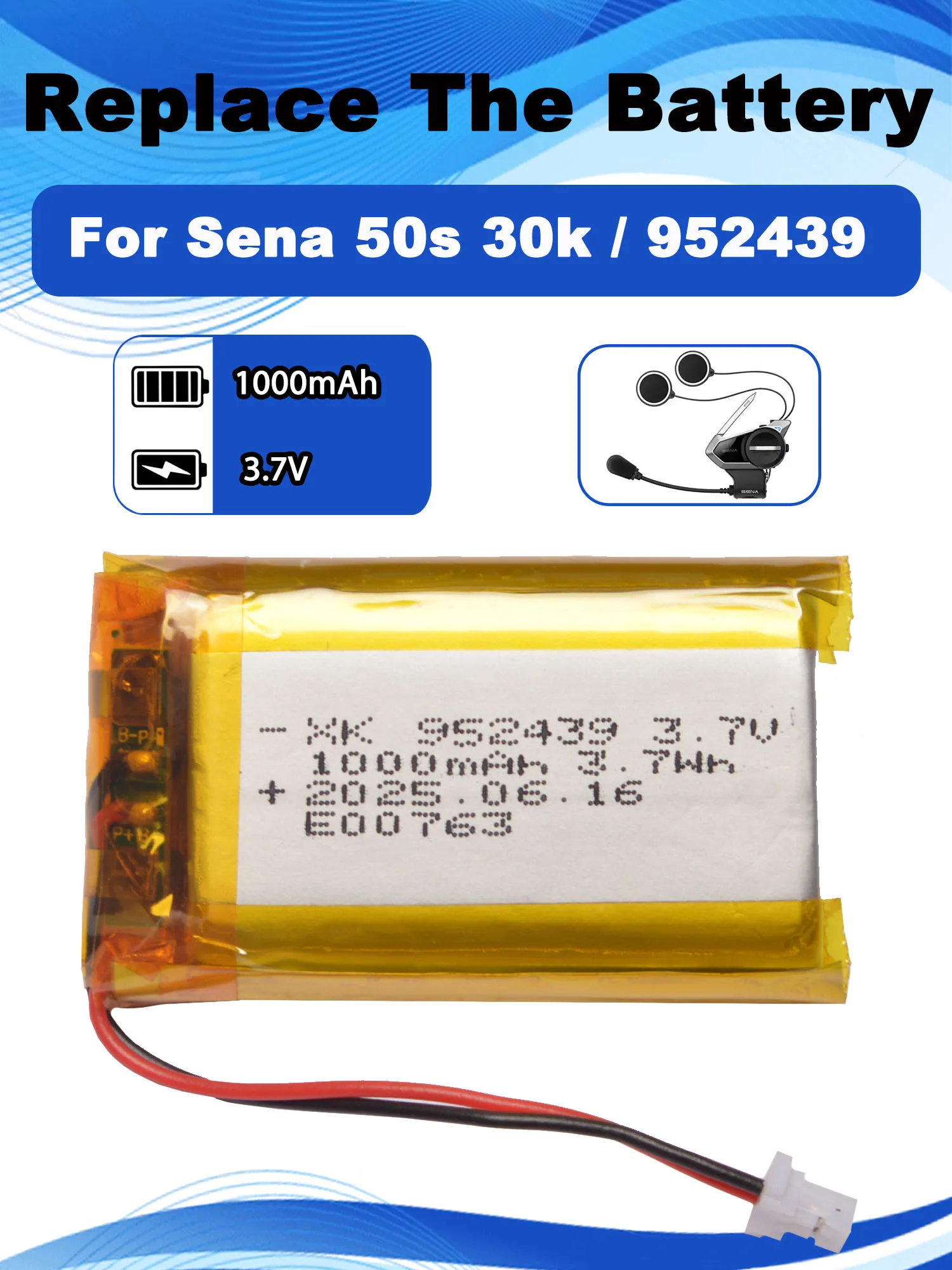 3.7V 1000mAh 952439 Replacement Battery For Sena 50s 30k Bluetooth Helmet Headphone Batteria