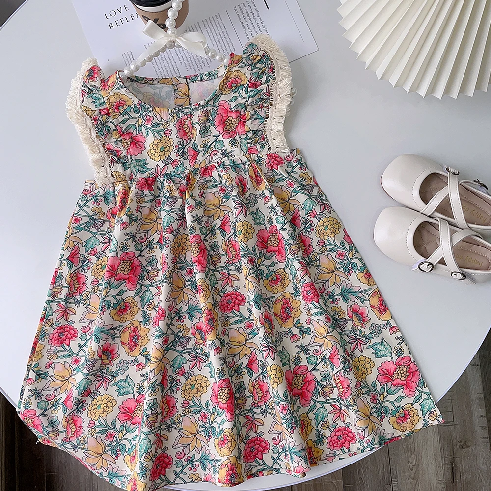 Melario Tassel Girls Floral Dresses New Fashion Sweet Kids Flowers Costumes Children Sleeveless Vestidos Toddler Baby Clothing