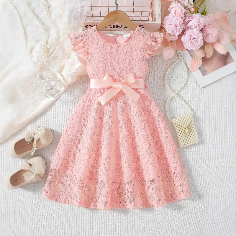 

2026 New Elegant Solid Color Lace Dress for Girls Piano Wedding Performance Dress with Ribbon Waistbelt