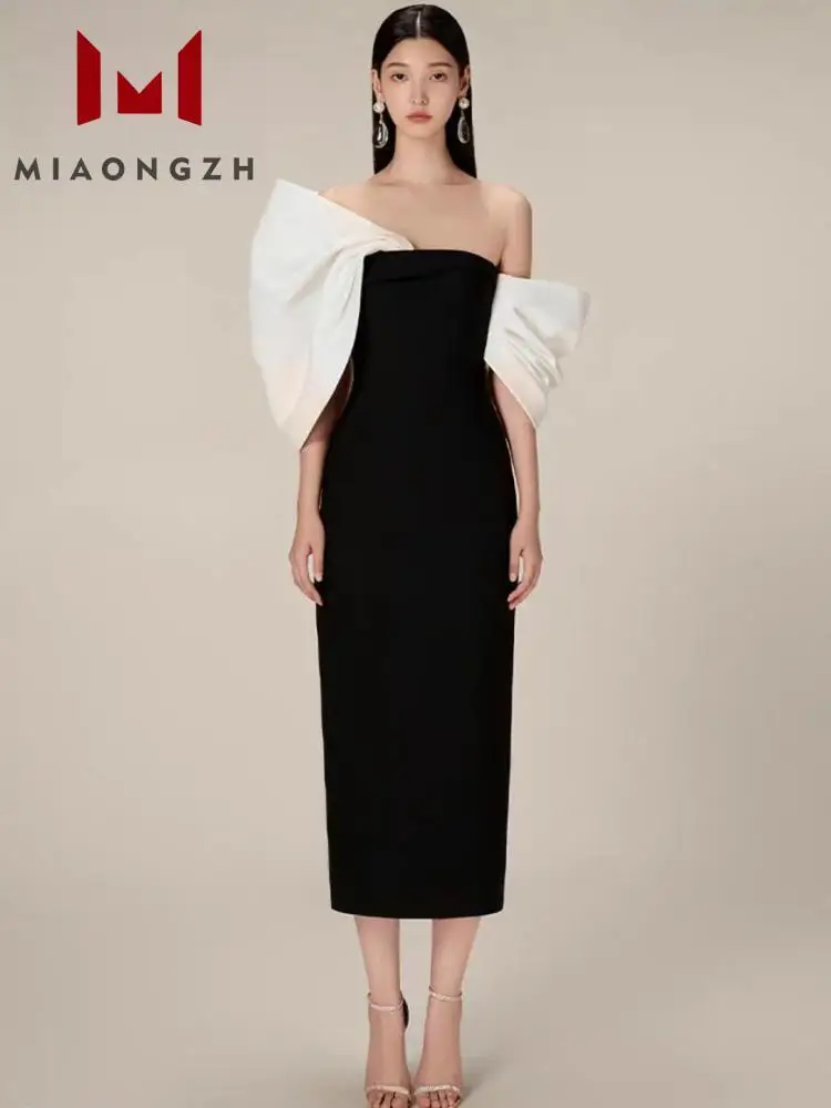 New 2024 Luxury Designers Elegant Evening Dress For Women Diagonal Collar Patchwork Bow Backless Fashion Slimming Party Dresses