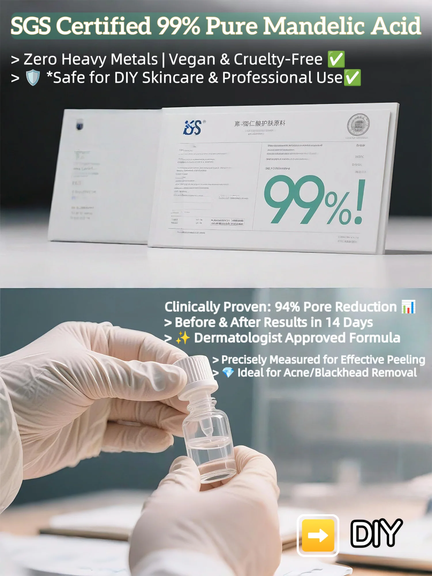 Polvo de ácido mandélico puro al 99%, certificado SGS para acné y puntos negros, suero para el cuidado de la piel DIY, exfoliación/máscara, vegano y sin crueldad, envío rápido