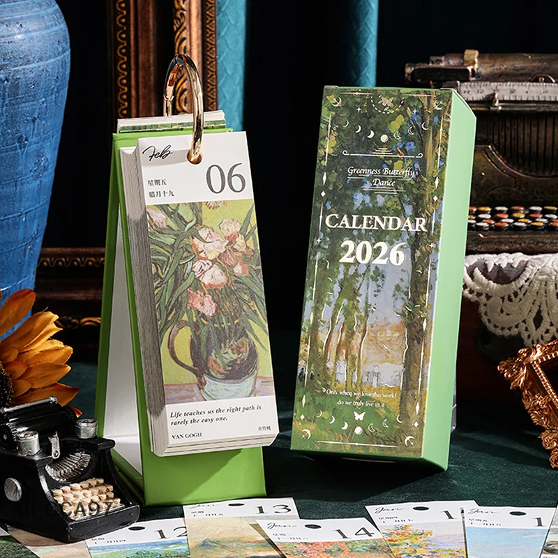 

【A】2026 Desk Calendar Vintage Oil Painting Inspirational Quotes One-Way Page Turn Daily Planner