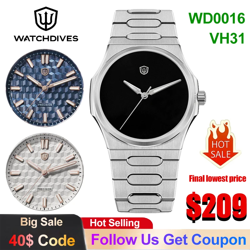 

Watchdives WD0016 Кварцевые часы Premier Super Black Dial с механизмом VH31, мужские часы с сапфировым стеклом, водонепроницаемые до 100 м, роскошные часы