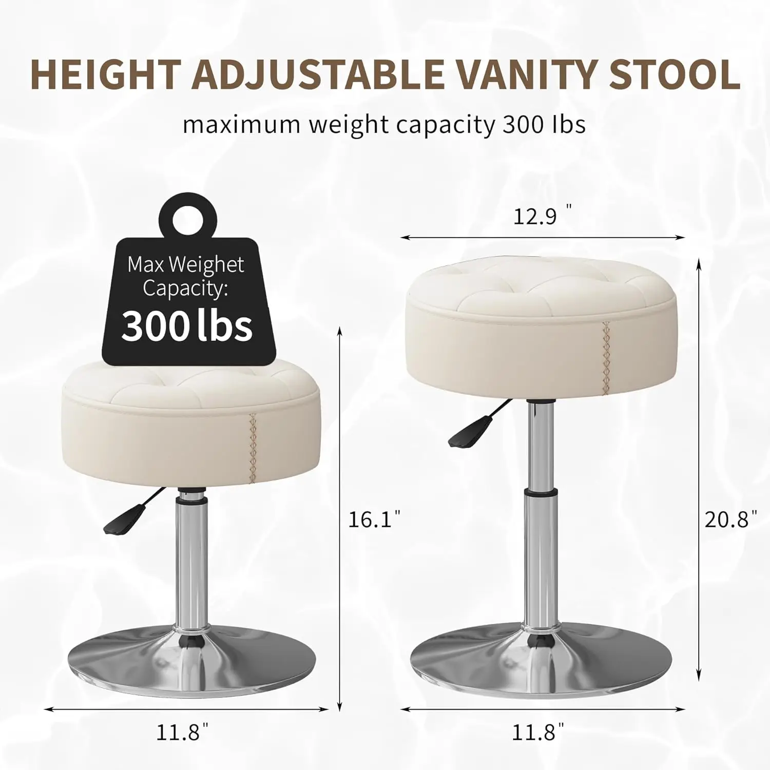 White Adjustable Vanity Stool with 360° Swivel, Heavy Duty 300lbs Capacity, Fire-Resistant for Makeup Desk