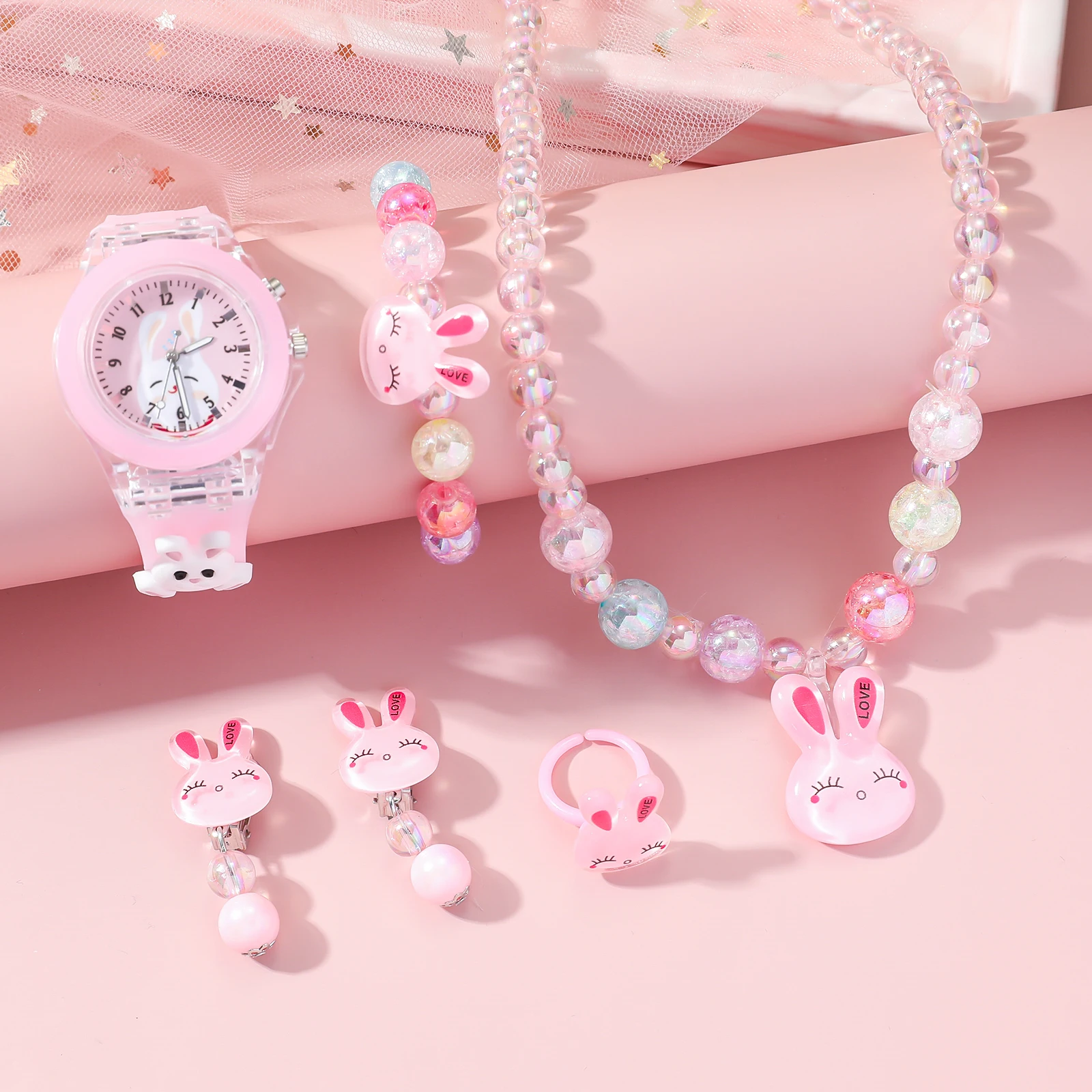 Cute Pink Rabbit Quartz Watch Six-Piece Set, Suitable for Christmas Holiday Gift Giving