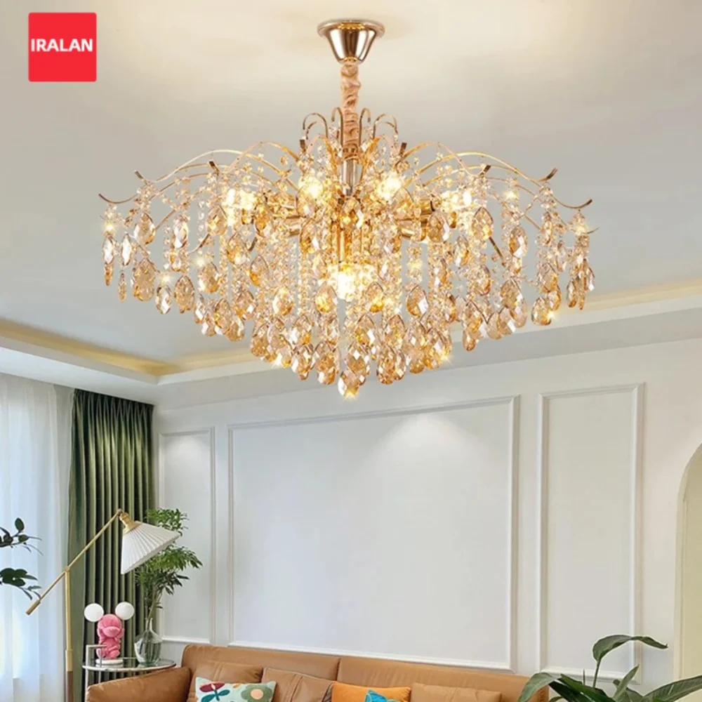 

IRALAN Crystal Gold Hanging Light Indoor LED Luxury Chandelier Bedroom Bar Restaurant Living Room Pendant Lamp Home Decor