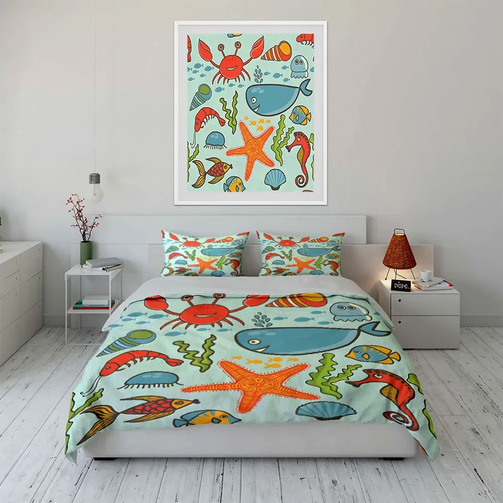 Ocean-Themed Decorative Set Multiple sizes kid's and adults' bedroom Exquisite 3PC bedding set, gift