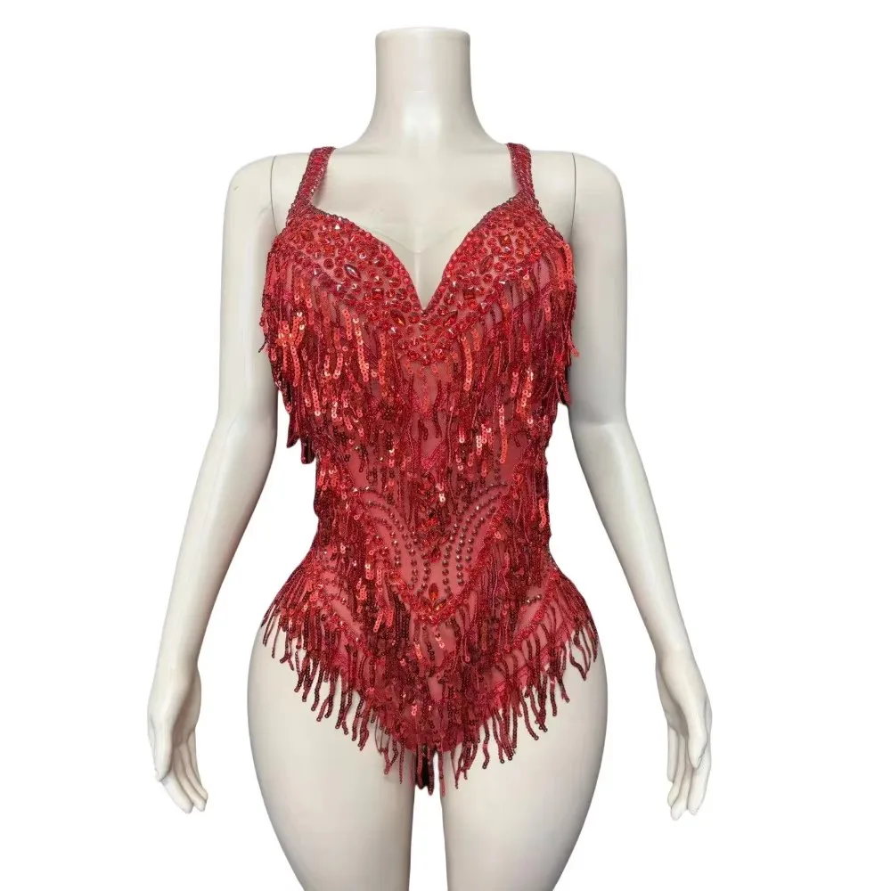 Women Rhinestones Leotard Red Sequins Tassel Bodysuit Stage Performance Nightclub Singer Concert Dance Costume Festival Clothing