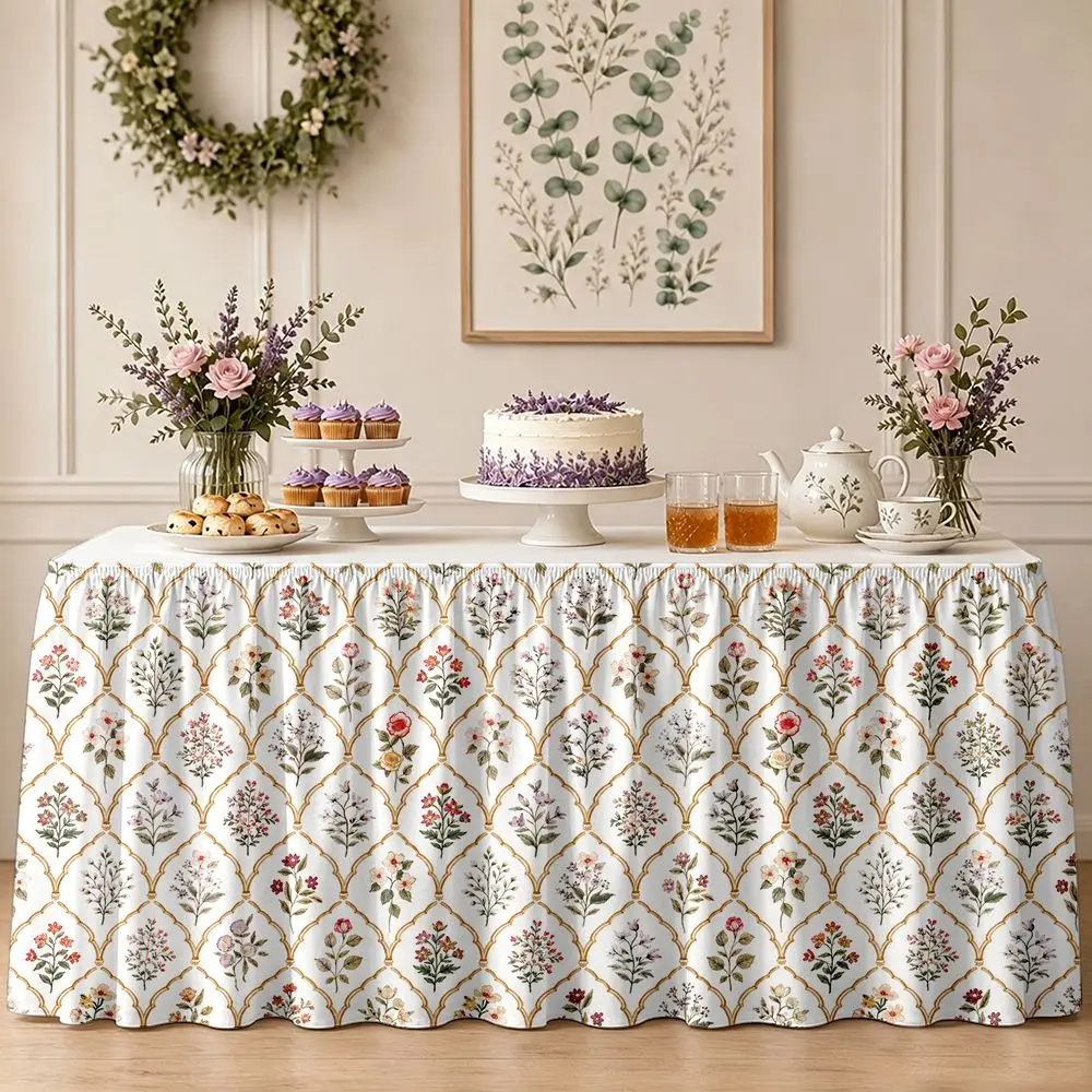 One-piece table skirt decoration - white background with floral and plant patterns, with ruffled edges.