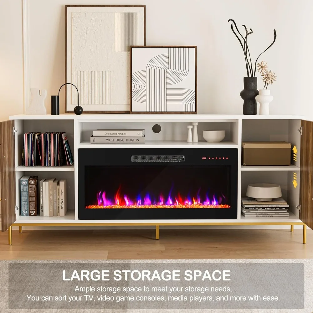 68 Wood TV Stand with 36 Electric Fireplace, Entertainment Center with Storage Cabinet, Console Table for TVs up to 75 I