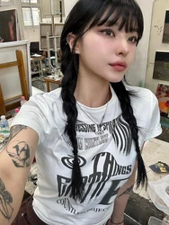 Korean Fashion Y2K Tops Cyber Graphic t shirts Crop Top White Vintage Tops Women Short Sleeve Tees 2000s Clothes Female